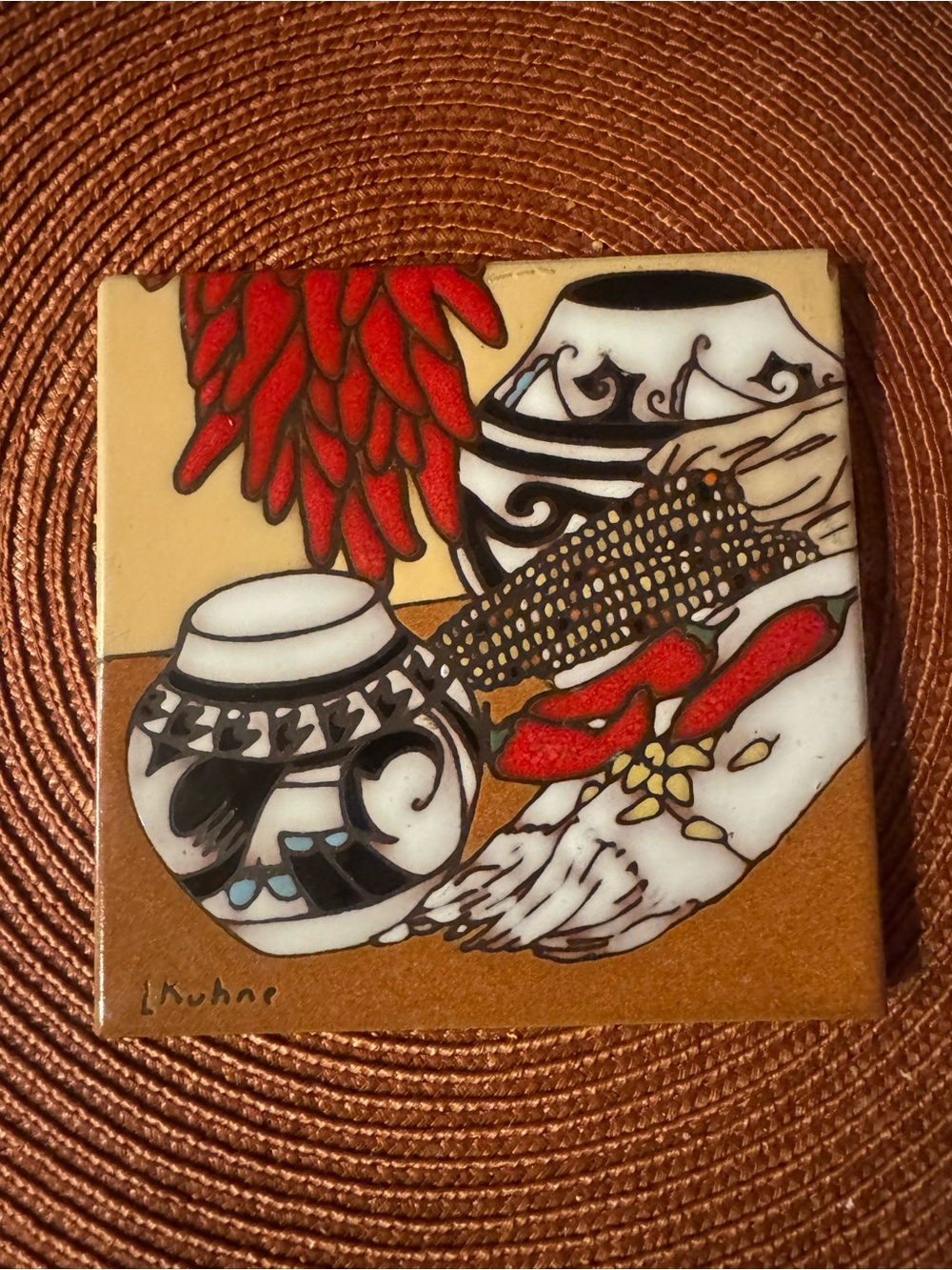 Hand-Painted Southwestern Wall Tile in Red, Black & Cream